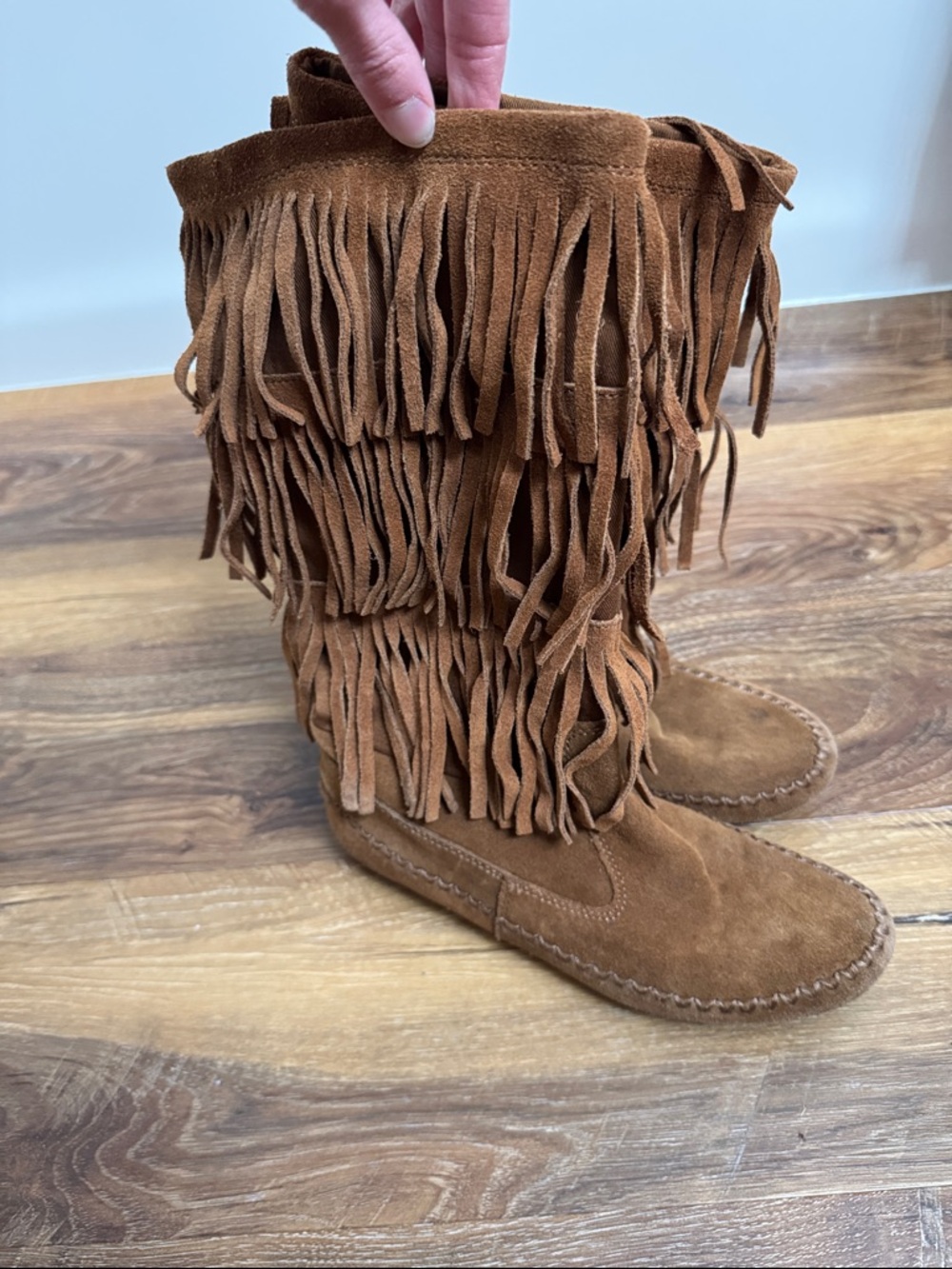 LC Lauren Conrad Brown Suede Fringe Knee-High Lace-Up Boots